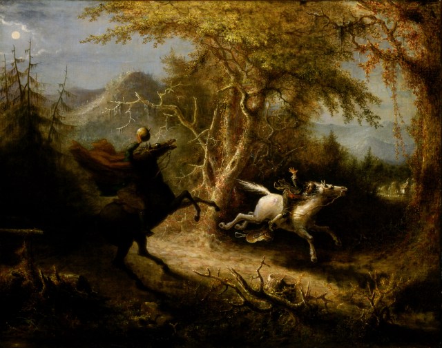 This painting portrays the Headless Horseman, a decapitated Hessian trooper, chasing Ichabod Crane, a scene from Washington Irving's short story, "The Legend of Sleepy Hollow"